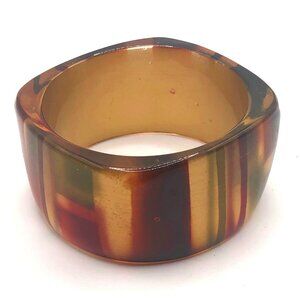 Chunky Striped Lucite Style Square Bangle Bracelet Amber Gold Burgundy Green